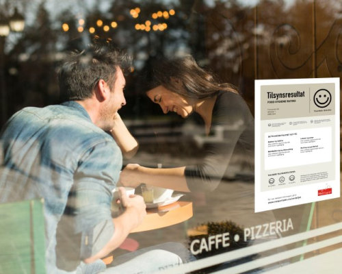 Lapp med tilsynsresultat som henger på et vindu foran en cafe